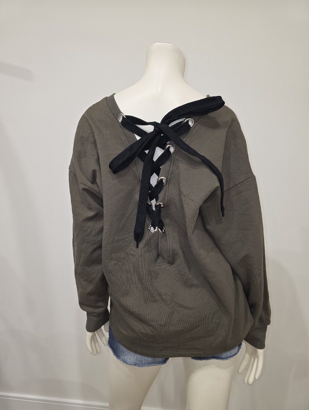 Forever 21 Oversized Olive Corest Lace-Up Back Sweatshirt S